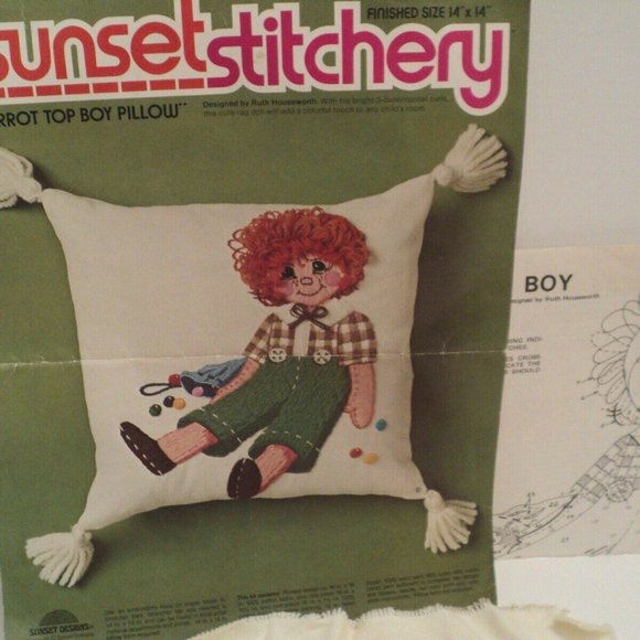 Vintage Sunset Stitchery Carrot Top Boy Pillow 2926 Almost Complete w/ Defects - Picture 3 of 4